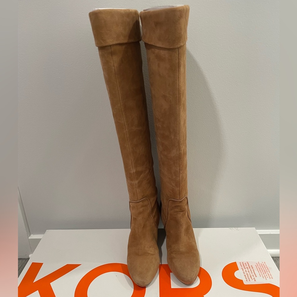 Michael Kors camel suede wedge slouchy knee boots